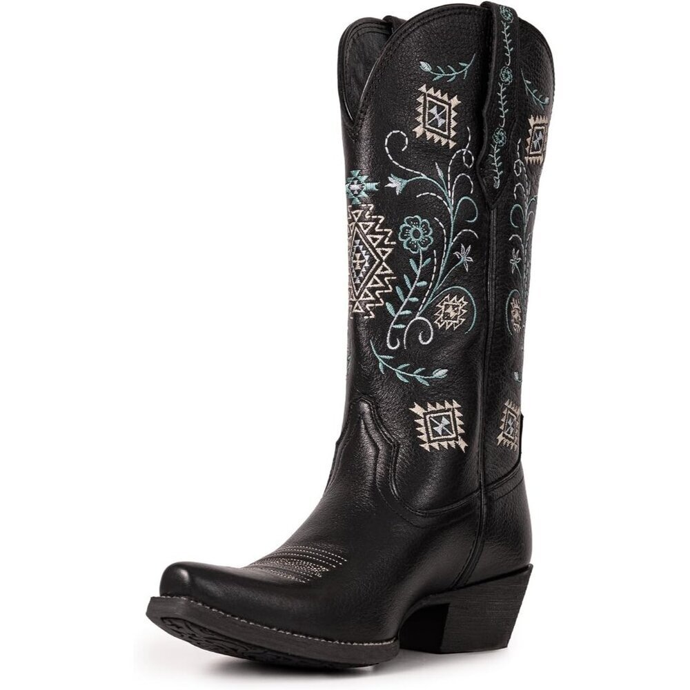 Women's Black Western Mid Calf Embroidered Cowgirl Country Full Leather Boots